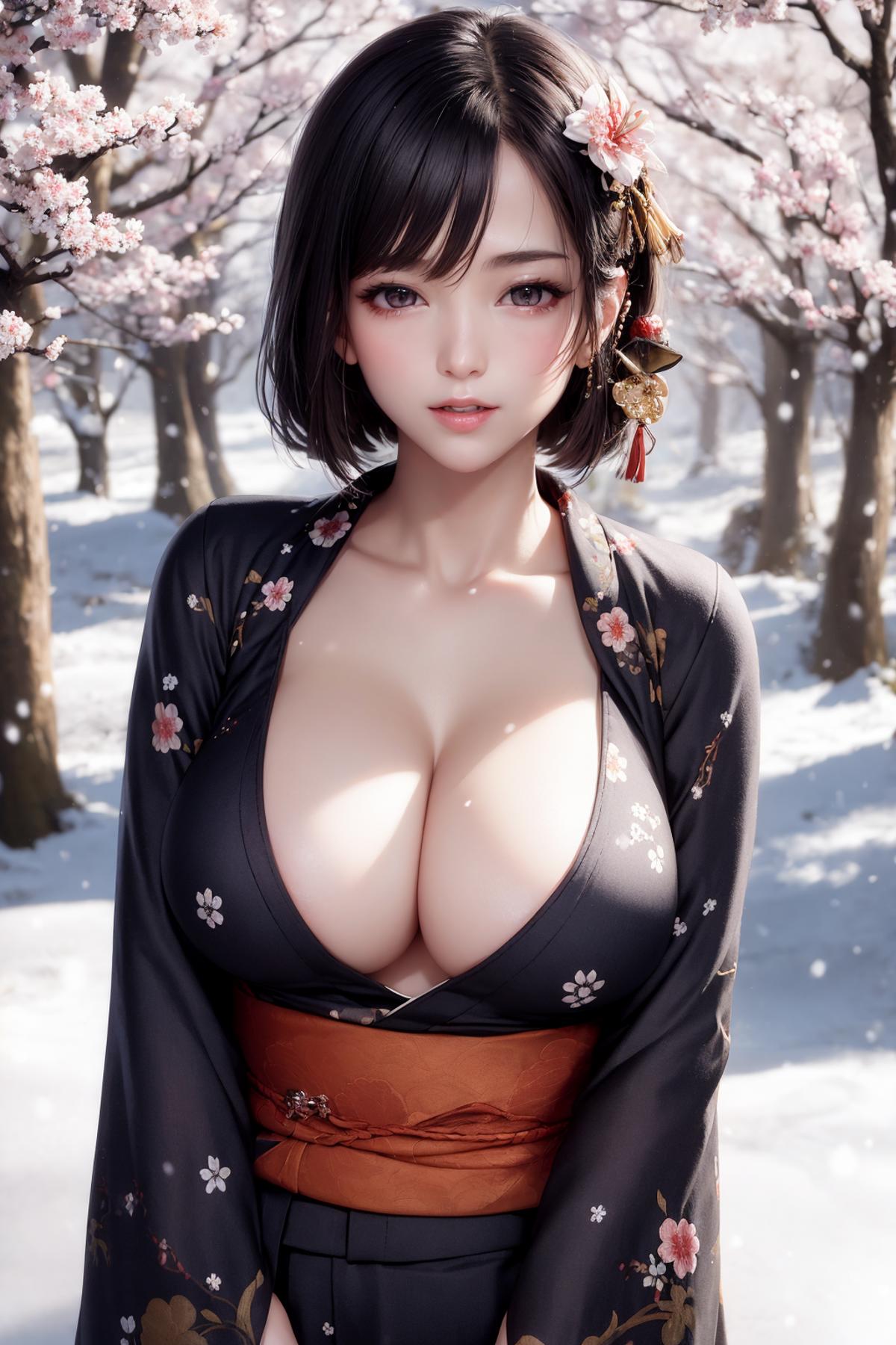 ultra detailed 8k cg, kimono, perfect face, beautiful face, mature female, large breasts, outdoors, sakura, snowing, looki...
